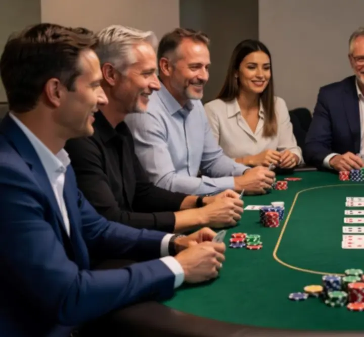 Poker asztalnál ülő játékosok kártyákkal és zsetonokkal a 